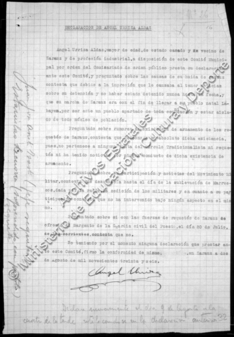Angel Urriza karlistaren deklarazioa. 1936ko uztailaren 18ko altxamendu egunean bera zegoen alkate Zarautzen.